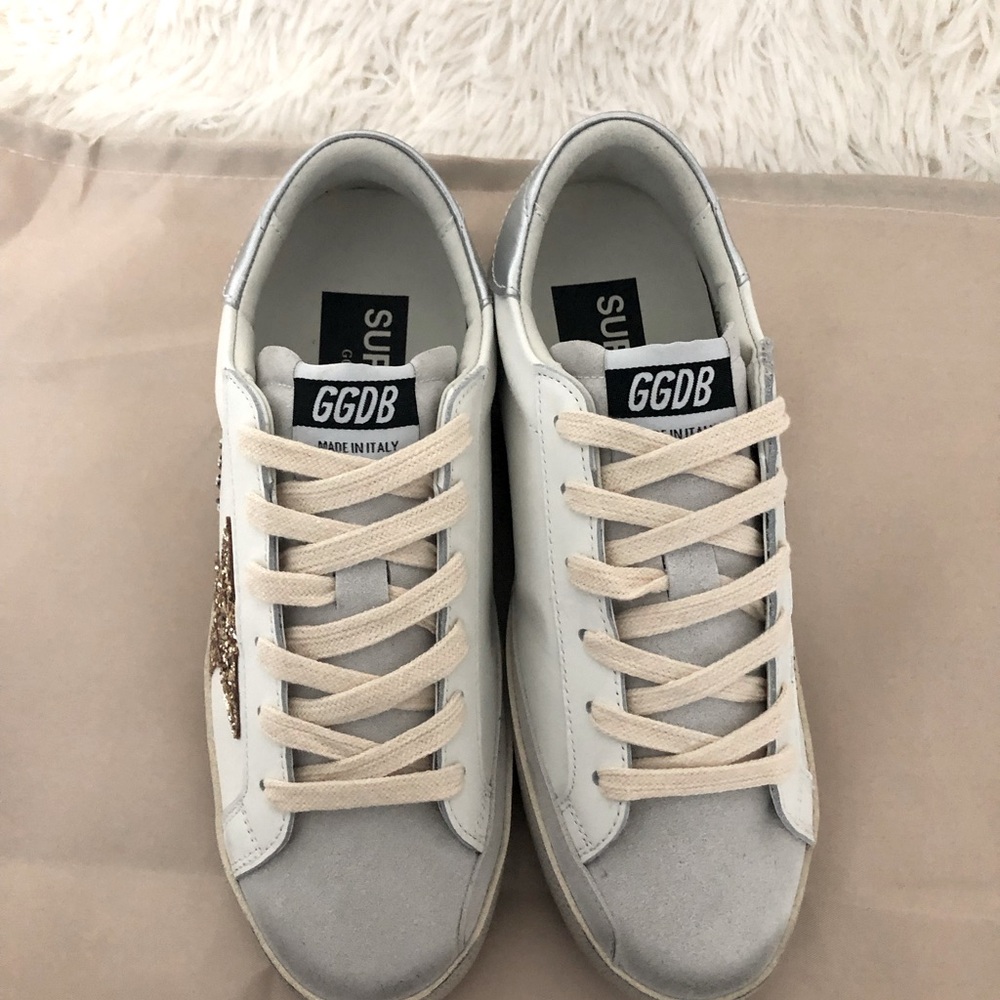 Golden Goose Women's Beige and Gold Glitter Star Sneakers - Picture 2 of 5
